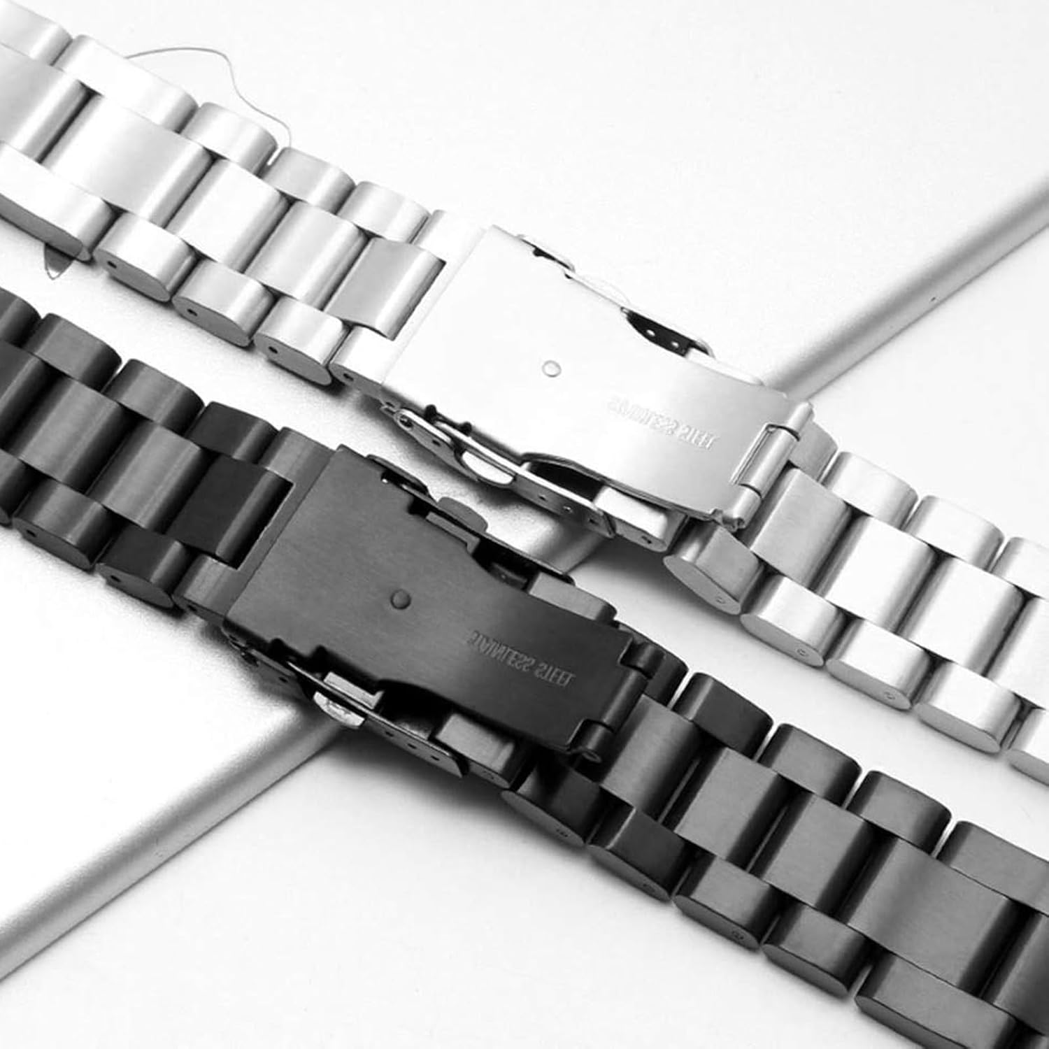 Juntan Stainless Steel Watch Band Heavy Duty Brushed Finish Metal Watch Strap 20mm 22mm 24mm Double Buckle Bracelet Silver Replacement Band