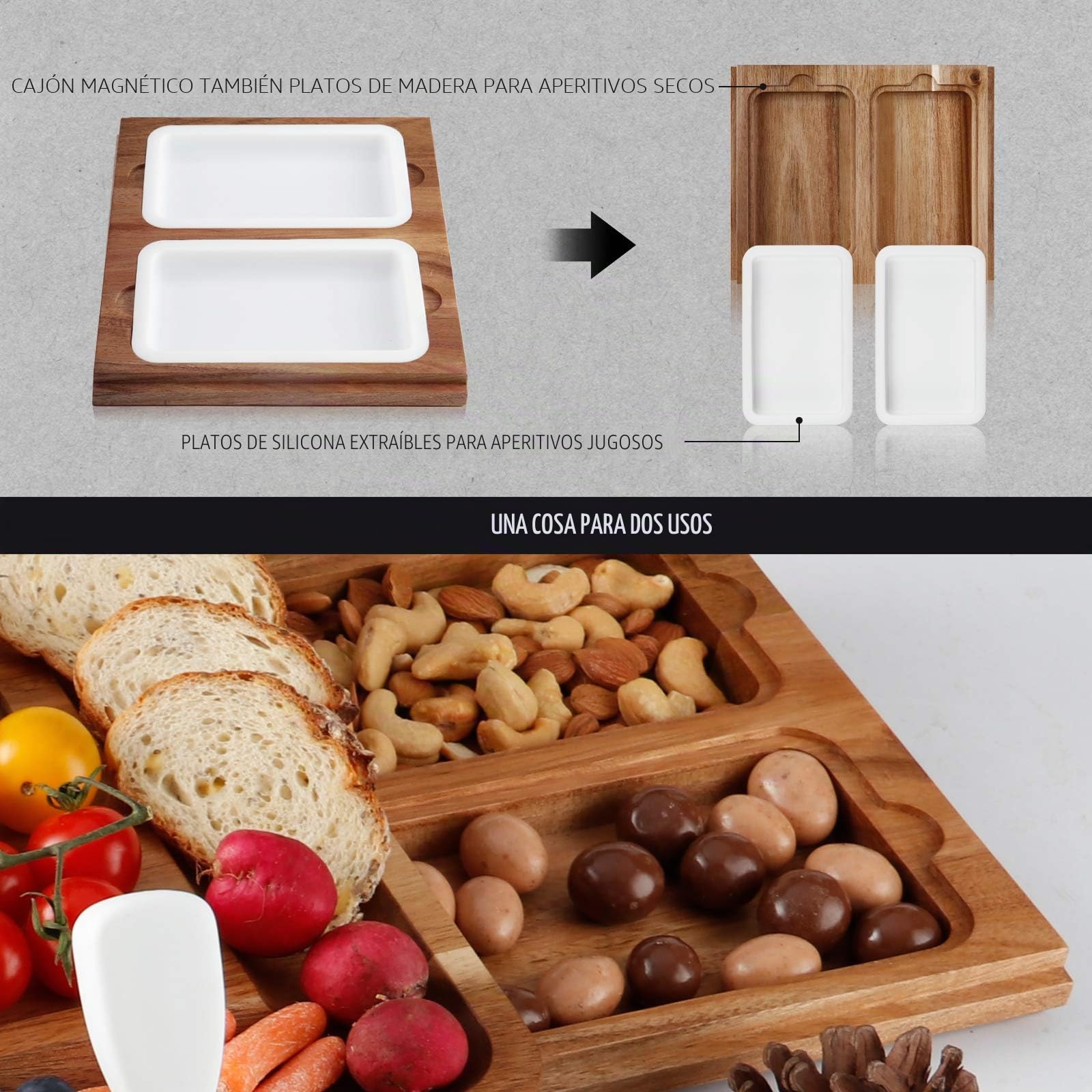hecef Juego de Tablas de Queso de Madera de Acacia, Plato de Queso con 2 cajones deslizables, Juego de Cubiertos, Platos de Aperitivos y Pizarra de Queso de mármol, Tabla de Embutidos para Servir