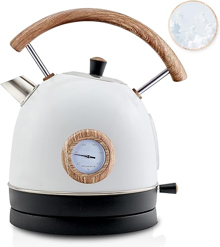 Tetera eléctrica, caldera de agua caliente con termómetro, tetera de acero inoxidable de 1.7 litros, sin BPA, 1500 W, mango de madera, hervidor