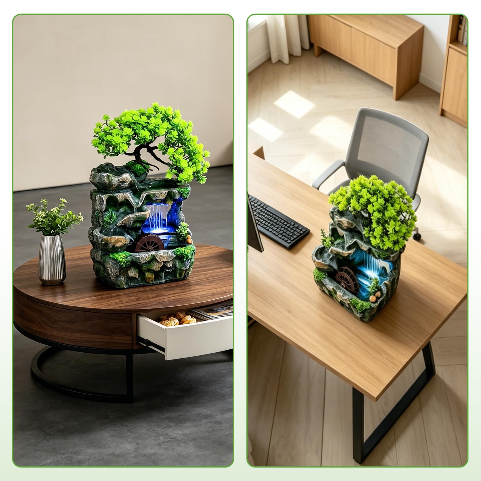 Zimmerbrunnen, Tischbrunnen mit LED Farbwechsel, Wasserfall Zimmerbrunnen mit Feng Shui Rad, Leise Tauchpumpe, Tischbrunnen Deko für Wohnzimmer Büro Schlafzimmer, Luftbefeuchtend 18x15x30 cm
