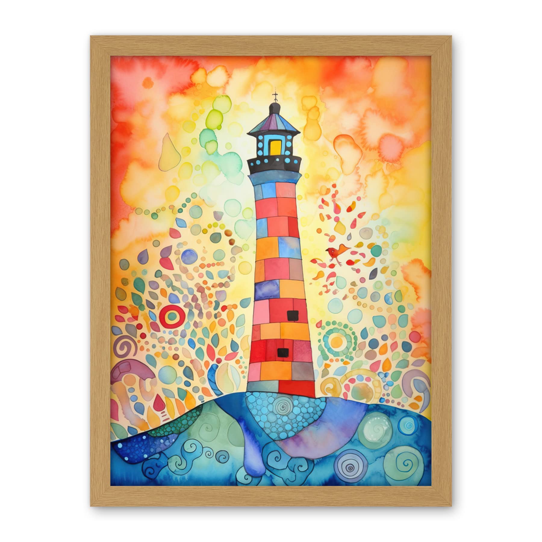 Artery8 Lighthouse At Sunset Dreamy Folk Art Watercolour Painting Artwork Framed Wall Art Print 18X24 Inch