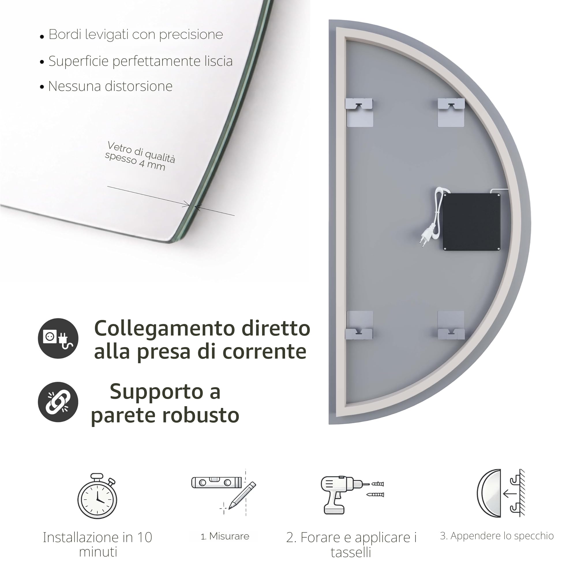 Planetmöbel NIVORA Specchio con illuminazione semicircolare Specchio con luce LED, Specchio decorativo da parete con funzione dimmer, 4200 K, luce bianca neutra, 50 x 100 cm