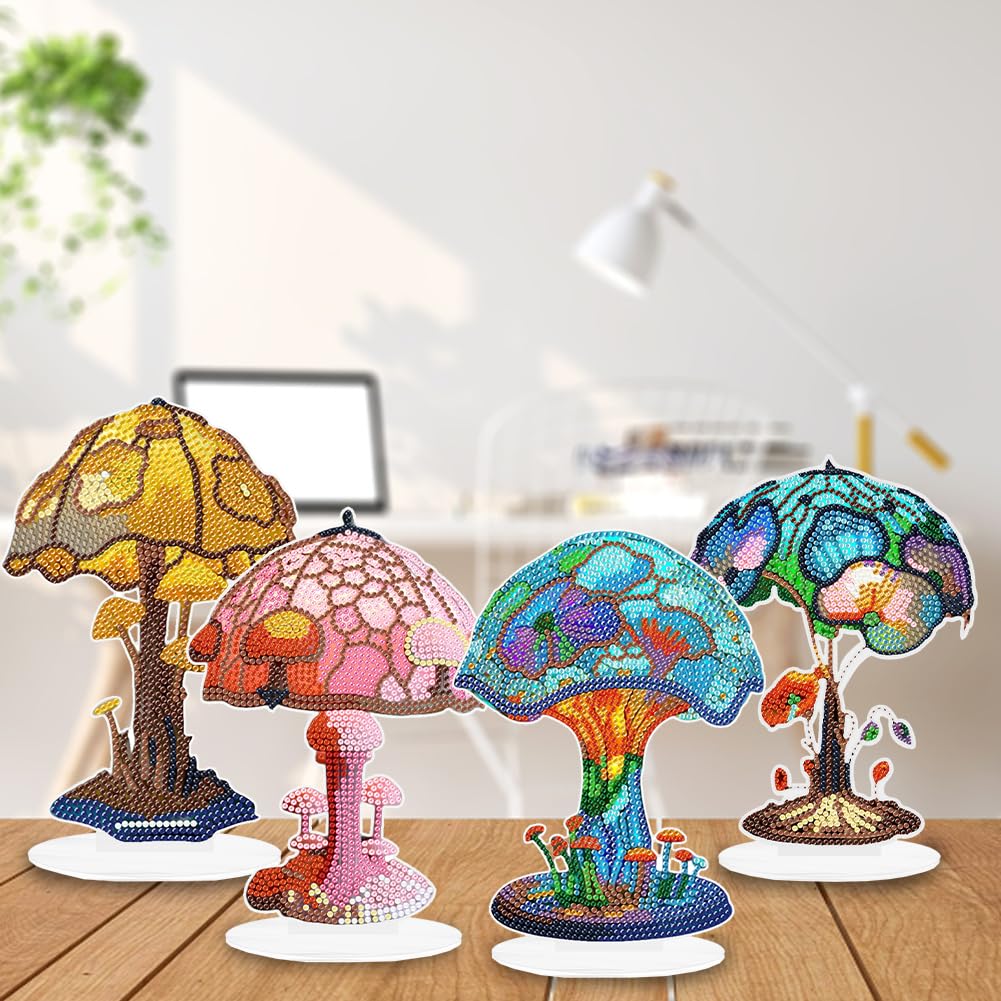 Kit di ornamenti da tavolo in acrilico a forma di fungo, 4 pezzi, con luci