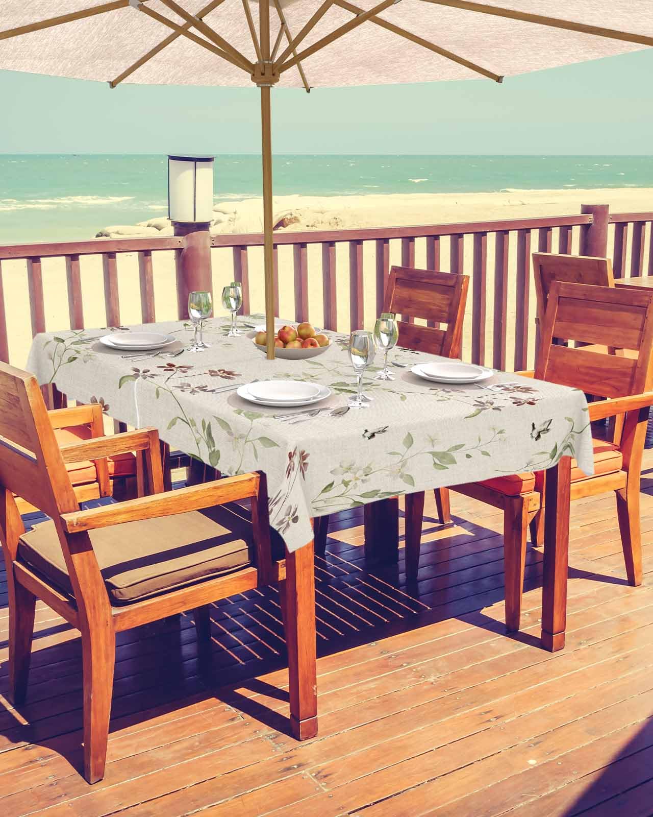 Outdoor Tablecloth with Umbrella Hole & Zipper Flower Rectangle Tablecloths 60x84 Inch Waterproof Zippered Table Cloth Watercolor Flower Bud Bird Green Leaf Patio Table Covers for Picnic Party