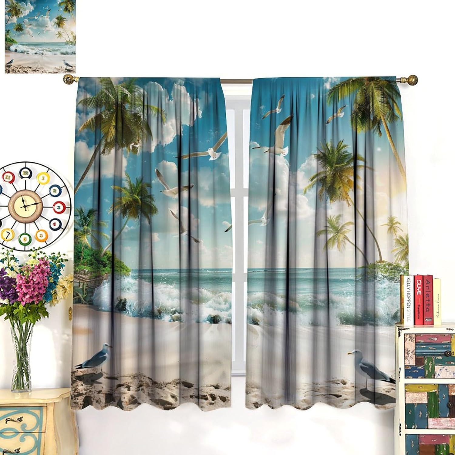Beautiful Beach Blackout Curtains, Hawaii Tropical Palm Tree Blue Sky Bird Window Drapes Home Decor Rod Pocket Curtain for Living Room Bedroom, 2 Panels, Each 31.5" W x 72" L