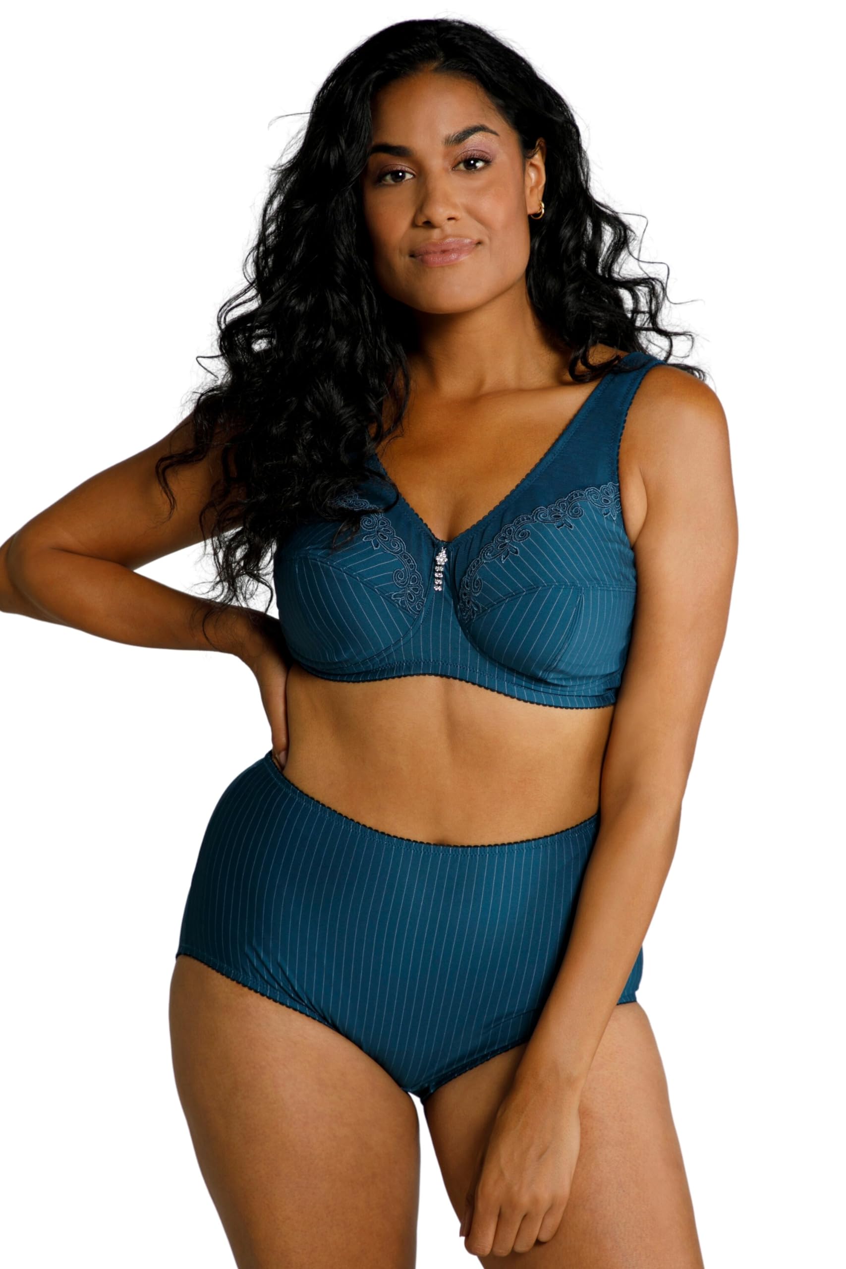 Ulla Popken Womenswear Plus Size Curvy Kelly Pinstripe Support Bra Petrol 125G 658495747-125G