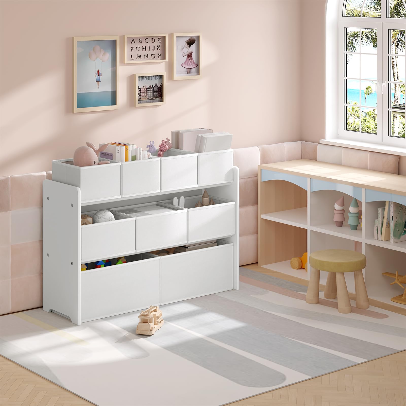 Lestarain Meuble Rangement Enfant, Rangement Jouet Enfant, 9 Boîtes Amovible en Tissu Non-tissé, Blanc, 92x30x60/68cm