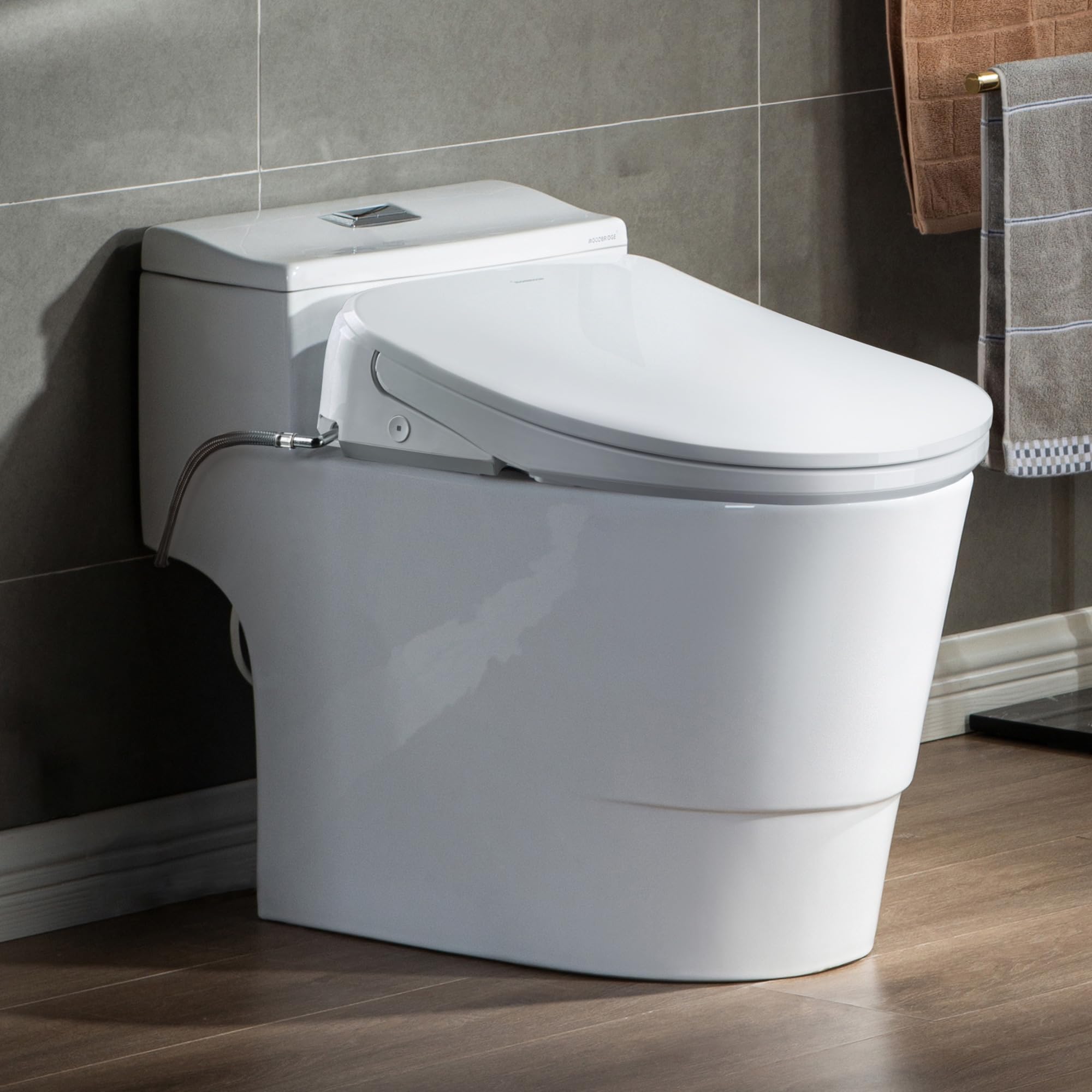 WOODBRIDGE Elongated ADA Smart Toilet Bidet 1.1/1.6 GPF In White With Auto Open/Close, Foam Shield, Foot Sensor, Heated Seat HT0062 - The Home Depot