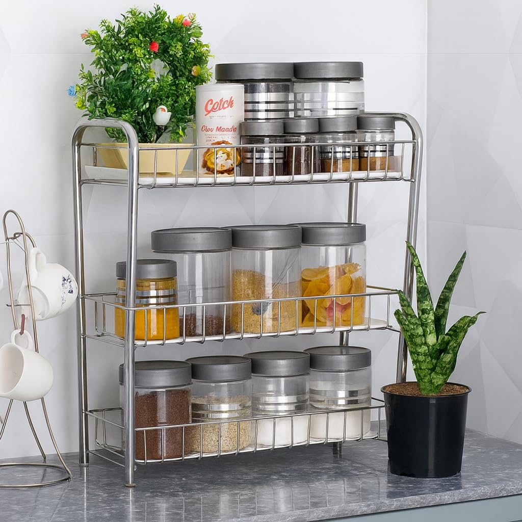 GLOCY 3-Tier Stainless Steel Kitchen Storage Rack, Multi-Purpose Organizer Shelf, Spice Jars Stand, Counter Organizer for Pantry Storage, 52x40x20, Silver