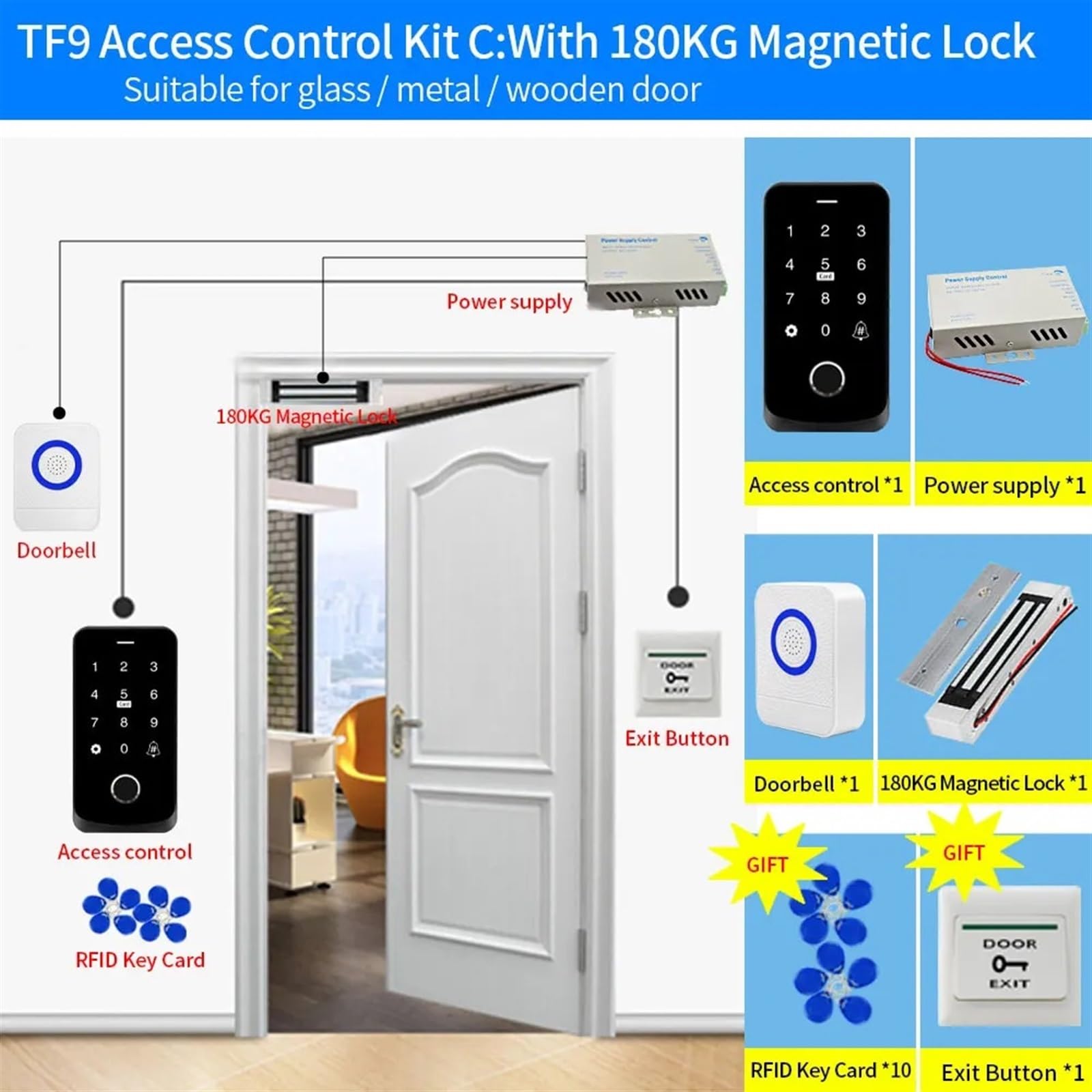 TF9 IP65 impermeable NFC Kit de Control acceso huellas dactilares conjunto teclado/tarjeta IC RFID/cerradura puerta magnética/fuente alimentación 12V para Seguridad Eléctrica(Kit-C)