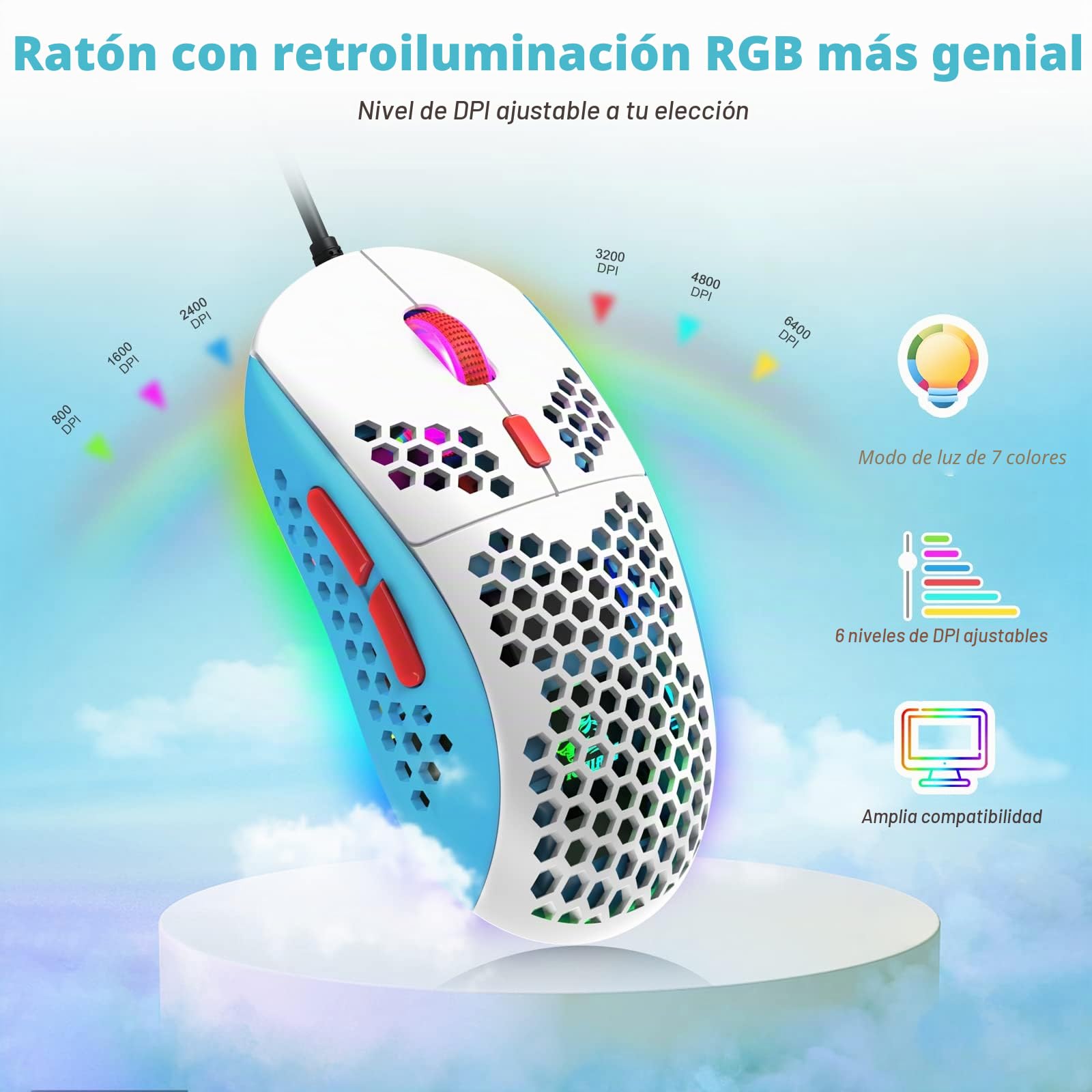 ZIYOU LANG T60 Teclado y Ratón para Juegos con Cable USB C en Espiral, UK Layout (QWERTY) Compact 60% Iluminado Teclado Mecánico Linear Rojo Switch-6400dpi RGB Mouse para PC Mac - Azul