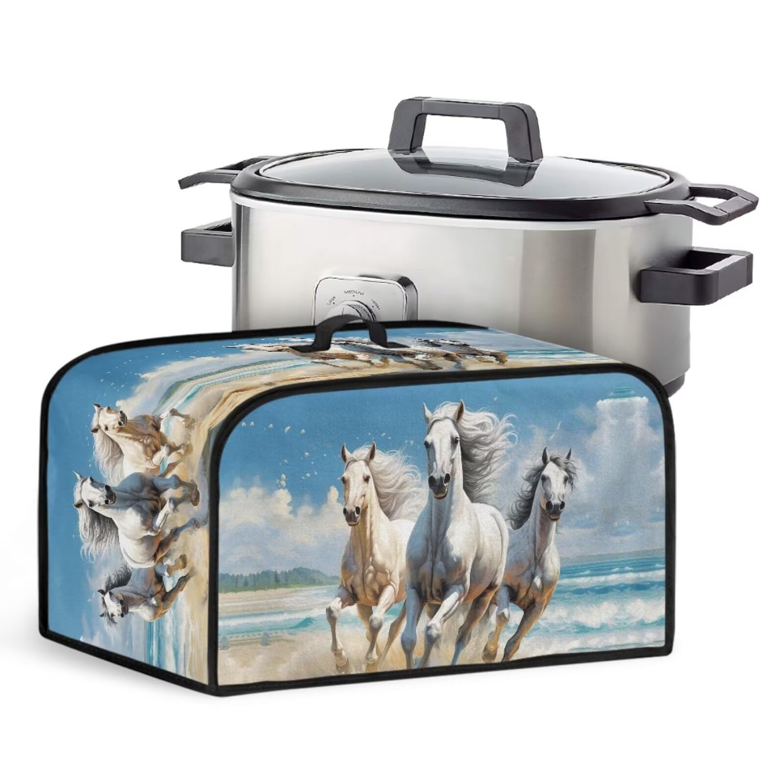 TODIYADDU Prancing White Horse Slow Cooker Cover for Women Men Trendy Air Fryer Cover Dust Cover with Storage Pocket and Handle Portable Slow Cooker Carrying Bag Kitchen Small Appliance Covers Gifts