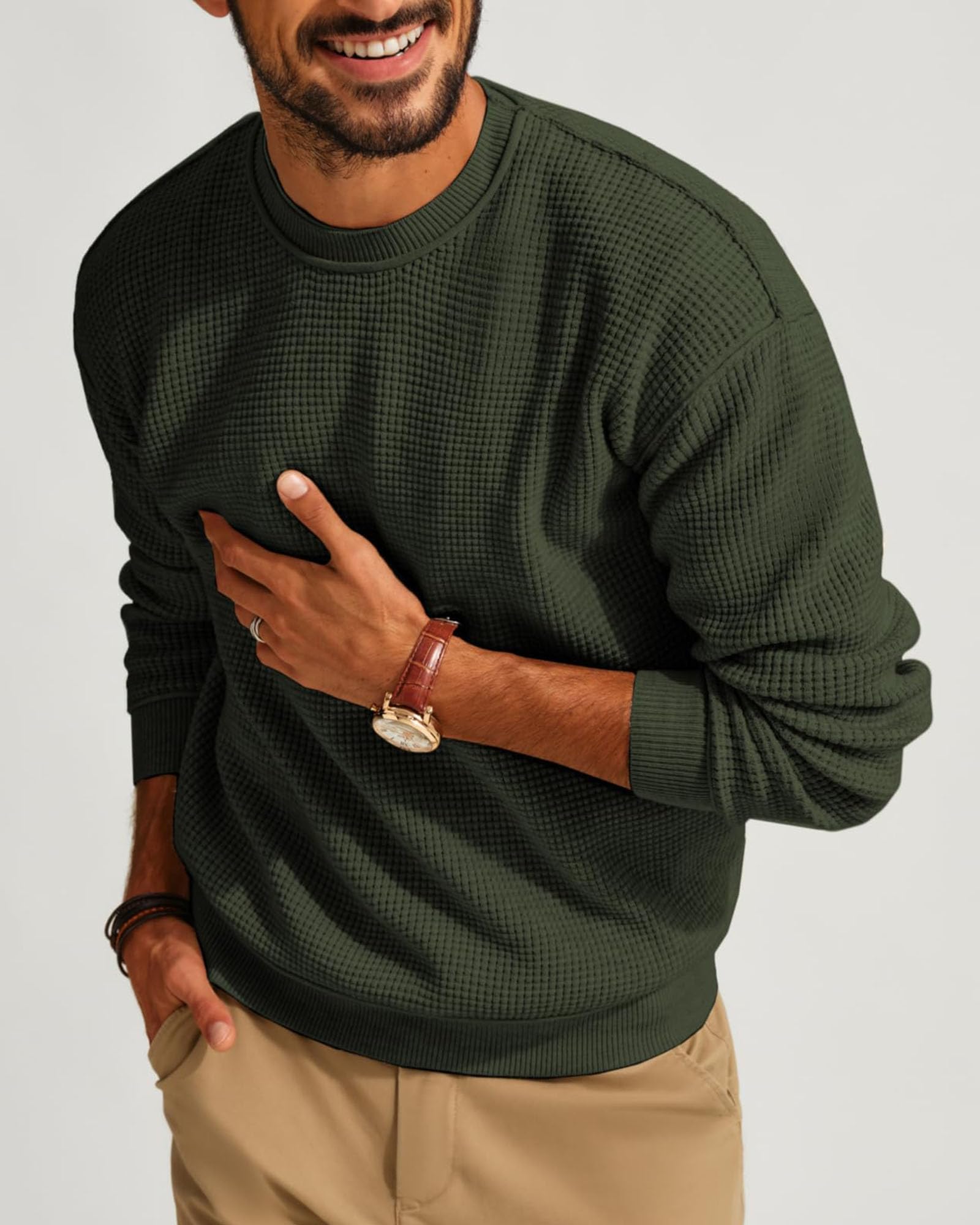 Maglione Girocollo da Uomo Pullover Autunno Invernale Maglia Waffle Lavorato Maglioni Casual Manica Lunga