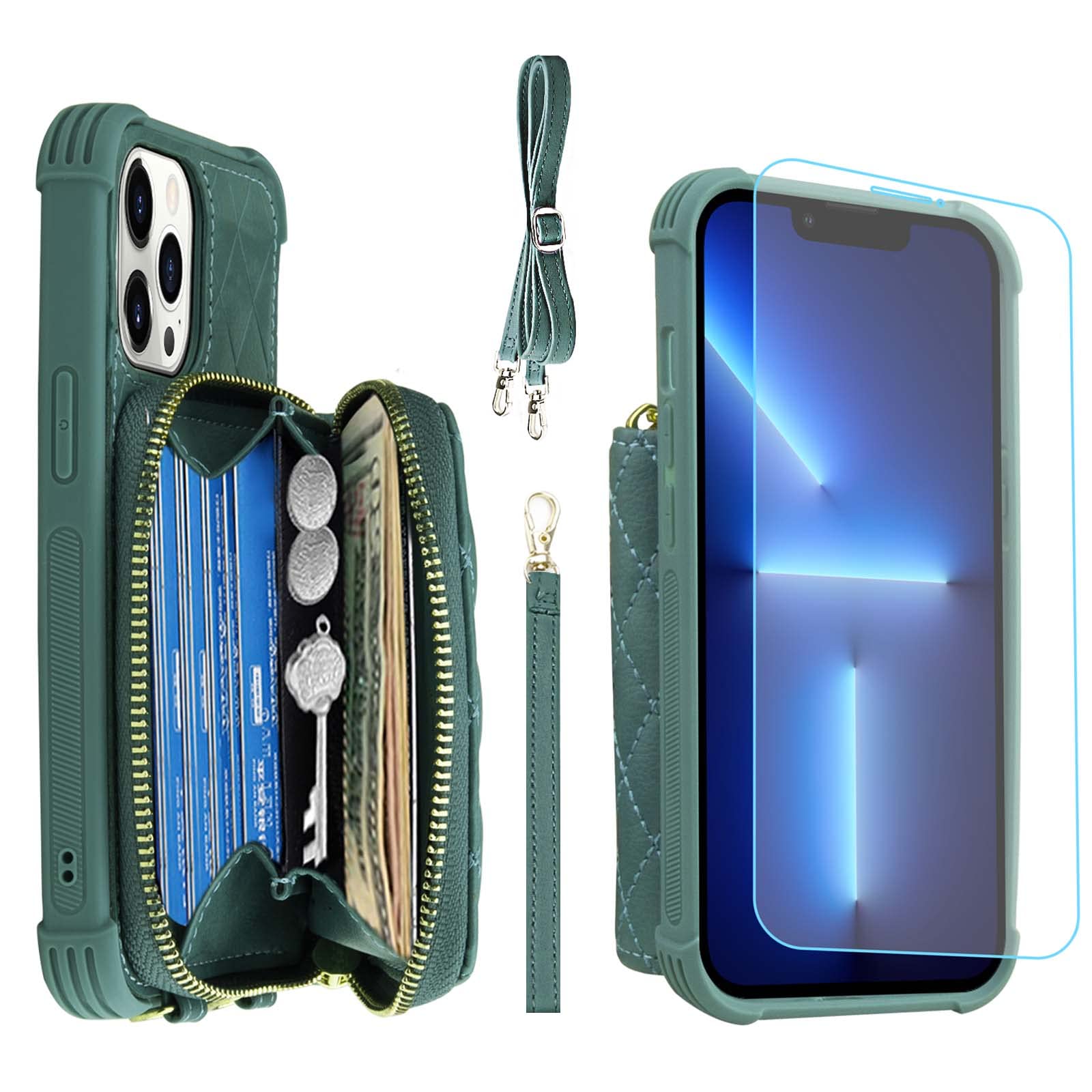 MONASAY Zipper Wallet Case Fit for iPhone 13 Pro Max, 6.7in [Glass Screen Protector ][RFID Blocking] Flip Leather Handbag Phone Cover with Card Holder, Crossbody Lanyard Strap, Light green