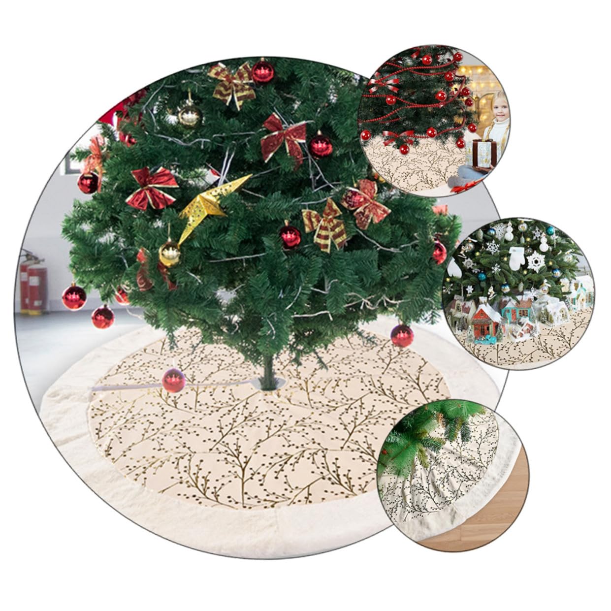 Weihnachtsbaumrock Plüsch 121cm Baumrock mit Goldener Blätterprägung Weihnachtsbaumschürze für Weihnachtsdeko Zuhause Party