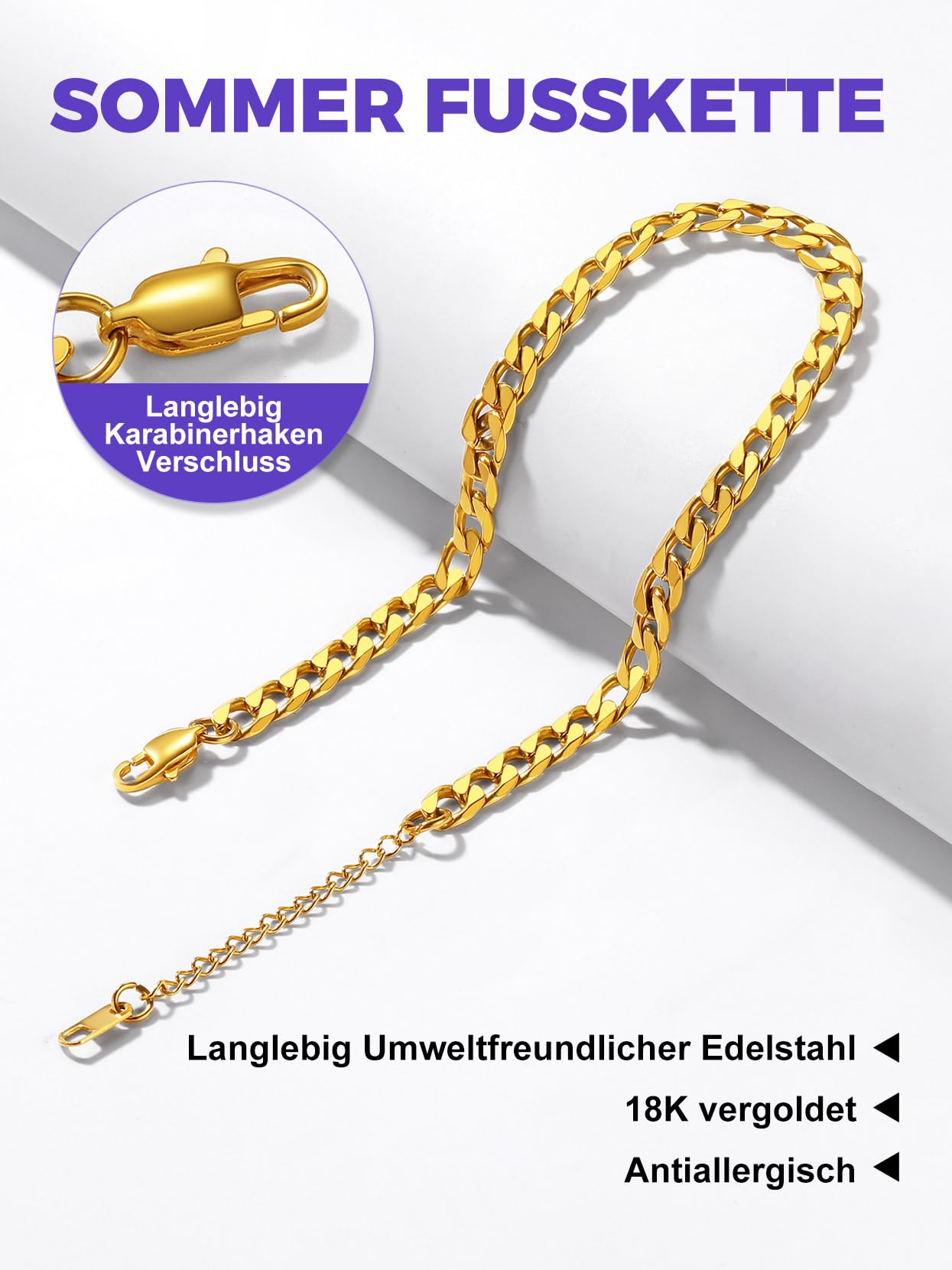 Richsteel Fußkette für damen Sommer Fußkettchen Panzerkette Figarokette Weizenkette Fußschmuck verstellbare Fußkette mit Geschenkebox