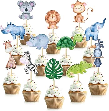 Jungle Safari Animal Cupcake Toppers 48 Pack Happy Birthday Cake Decor for kids Wild Jungle Animal Theme 1st Birthday Party Supplies Celebrating Party Events Baby Shower