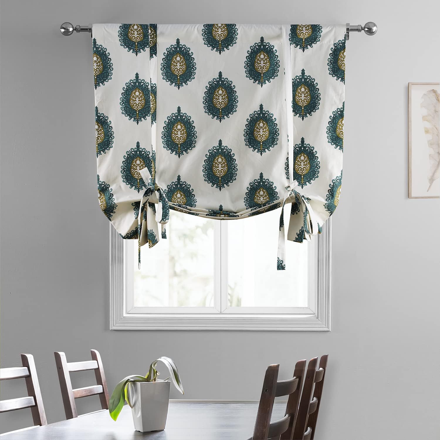 HPD Half Price Drapes Room Darkening Tie Up Curtains 46 X 63 Inch Mayan Printed Cotton Window Roll Up Balloon Curtain for Living Room, Kitchen PRTW-TUD02-63 (1 Panel), Mayan Teal