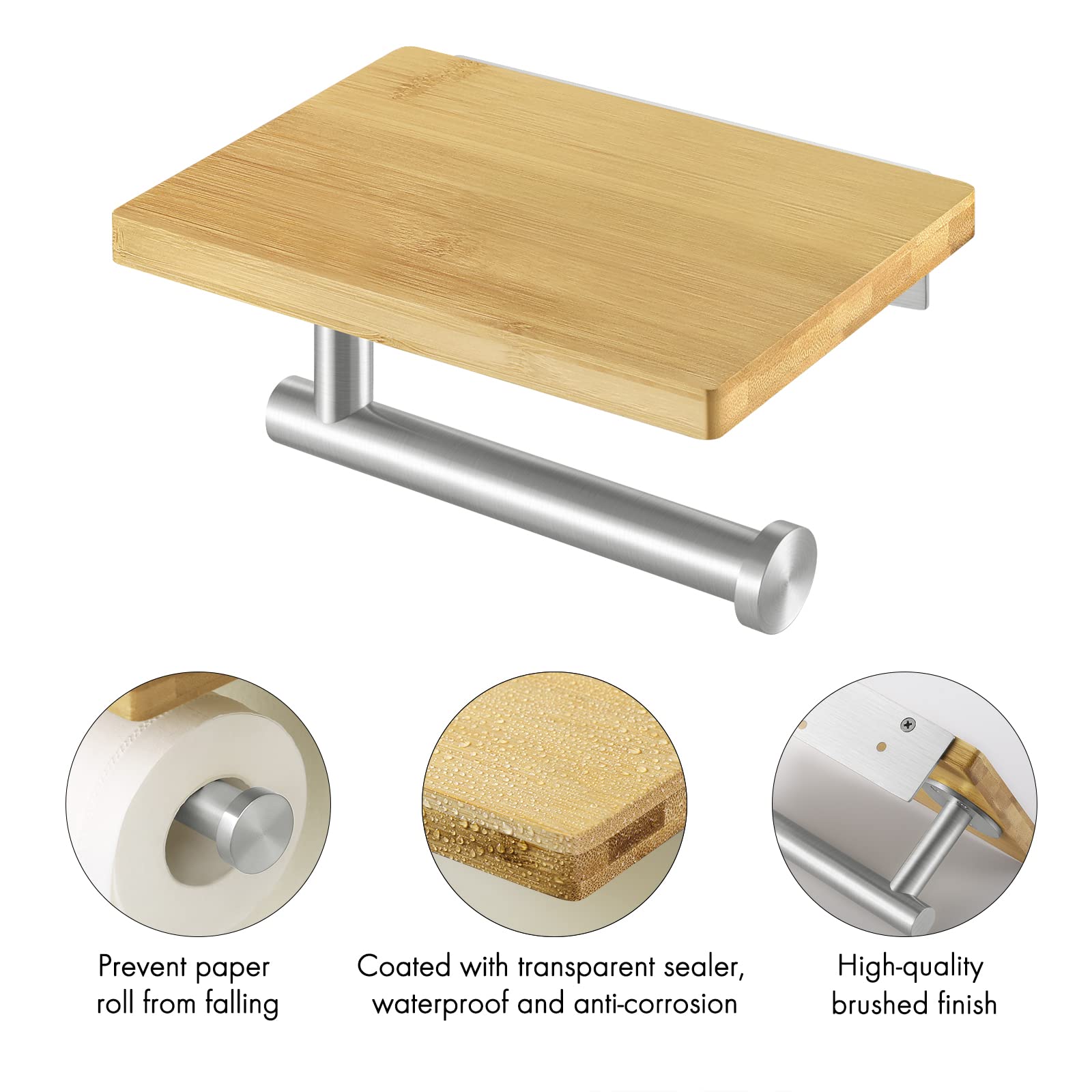 KES Toilet Paper Holder with Shelf, Bathroom Toilet Paper Holder Bamboo — Amazon image 4