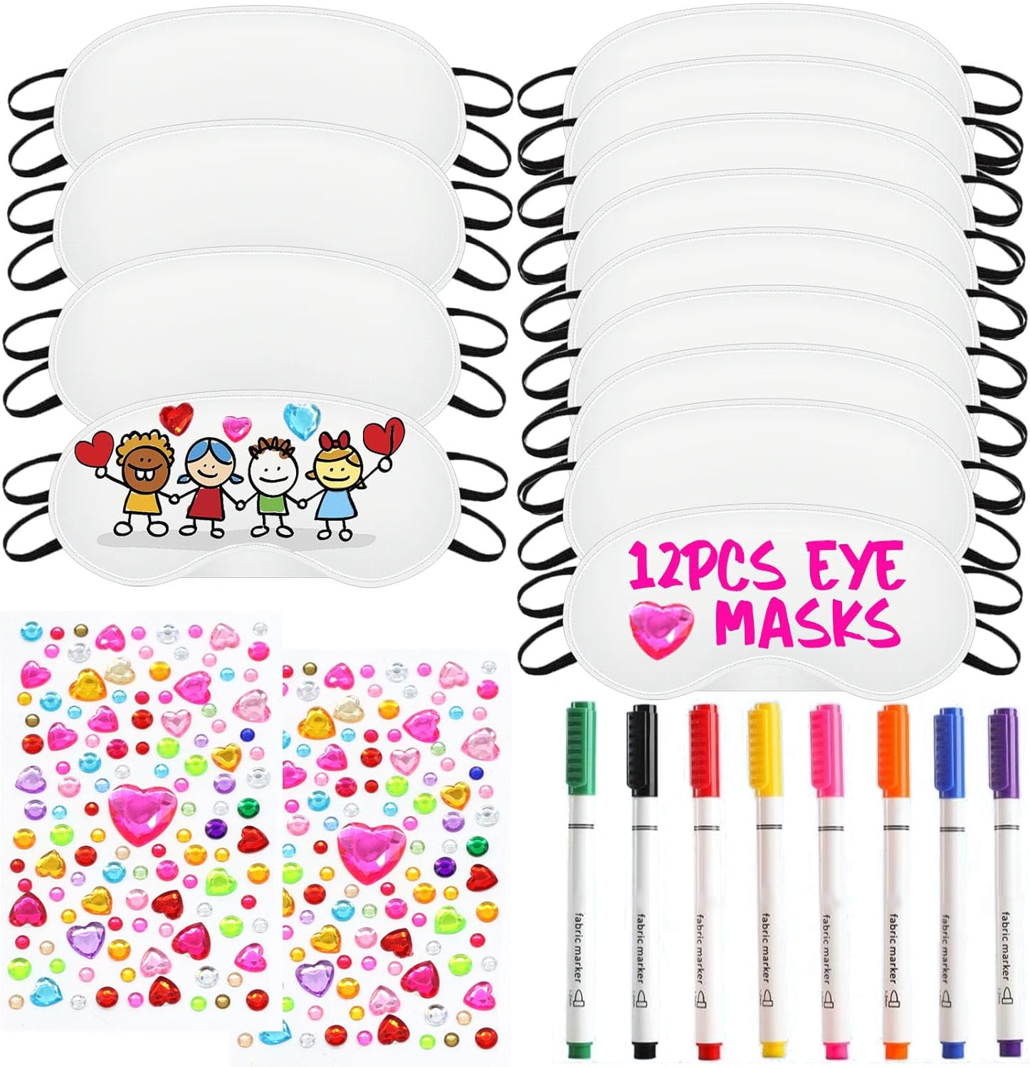 22 PCS Sleepover Party Supplies, 12 PCS Sleep Eye Masks White Blindfold Slumber Eye Covering with 2 Sheets Self-Adhesive Heart Rhinestones Gems&8 PCS Fabric Marker Pens