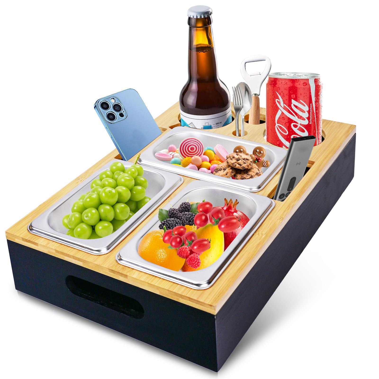 Plateau Canapé De Collation,Cadeau Homme,Plateau De Canapé Pratique avec Bols à Collation,avec Couvercle Amovible, Bol à Collation et Porte-Verre à Vin, Bar avec Porte-Gobelets, BoîTe à GoûTer