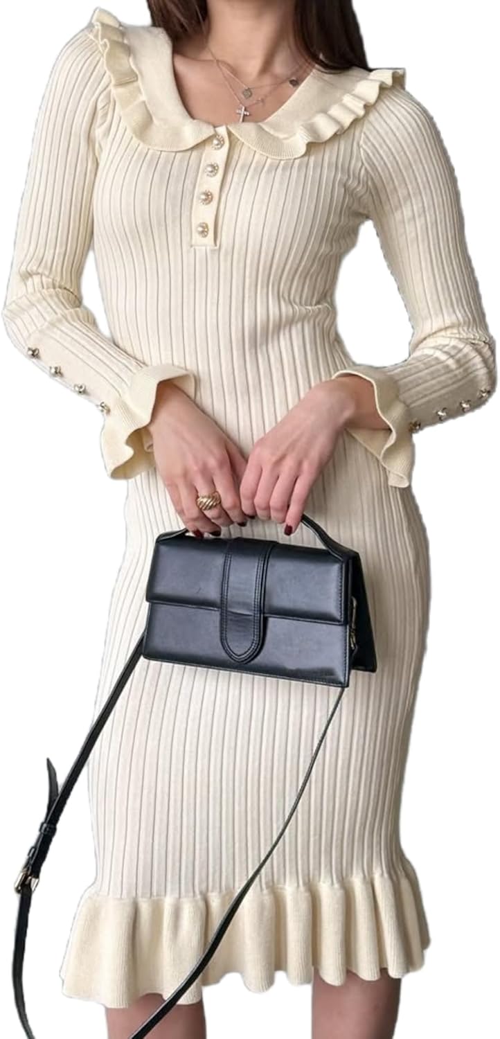 Vaceky Ruffle Sweater Dress Womens Pearl Button Bell Long Sleeve Ribbed Knit Bodycon Midi Dresses