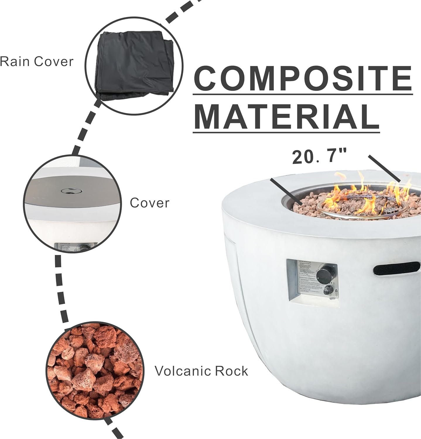 2 in 1 Outdoor Fire Table with 50000 BTU Burner, 36" Round Propane Fire Pit, White Composite Material, Includes Rain Cover