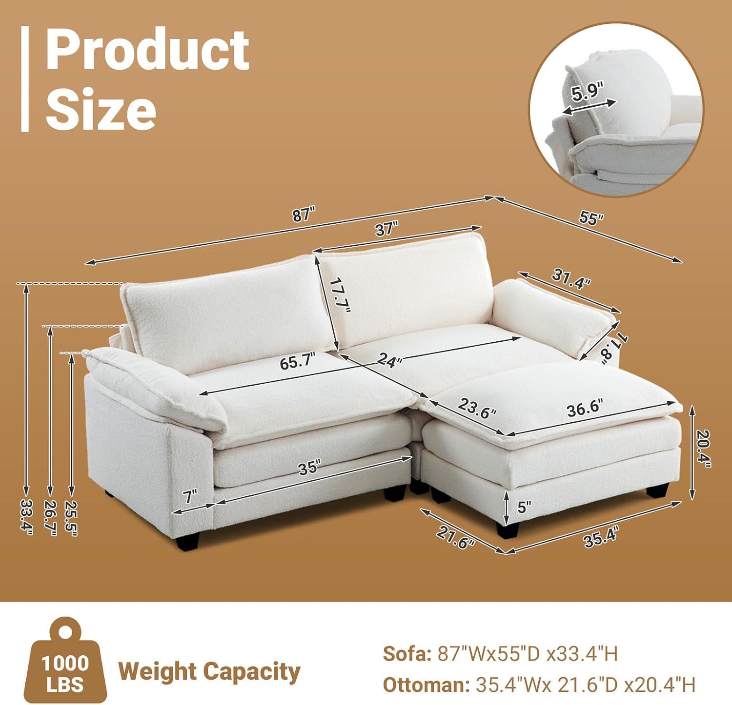 VINGLI 87" White Faux Sherpa Convertible L-Shaped Sectional Sofa with Ottoman for Small Spaces
