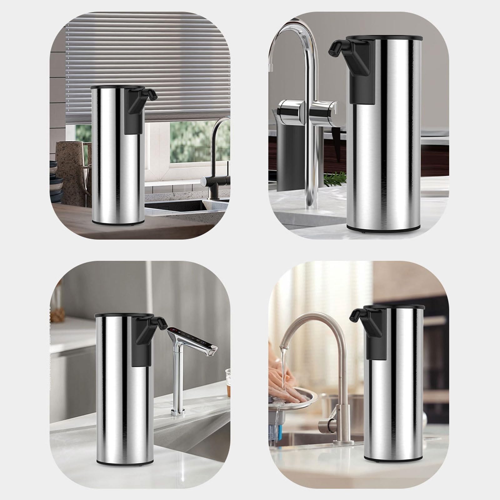Dispensador automático de jabón de acero inoxidable, 4 niveles ajustables, 350 ml, dispensador de jabón con sensor inteligente para baños y cocinas (plateado)