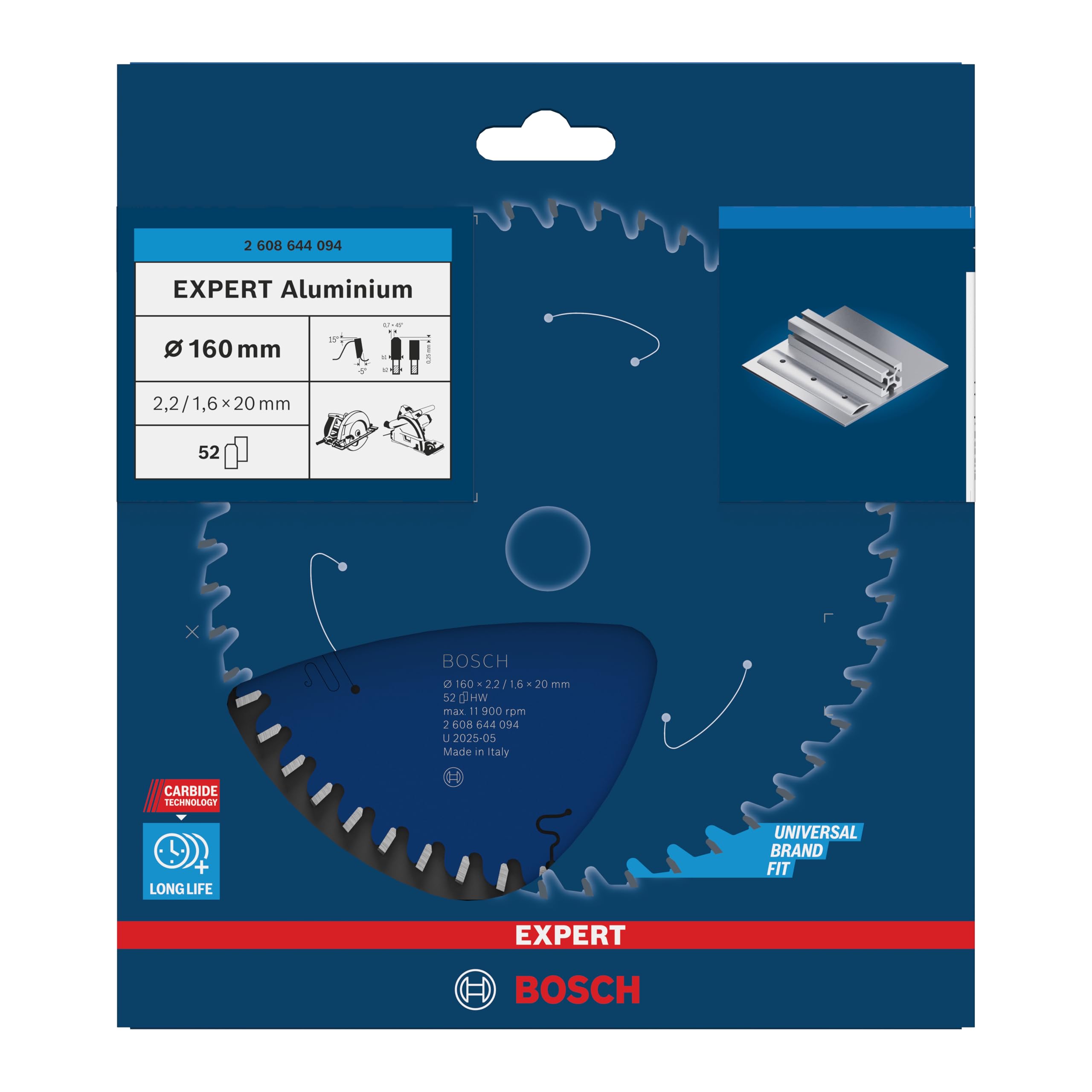 Bosch Profesional 2608644094 - Disco de sierra circular CSB Expert Aluminium: 160x20x52D, Color azul