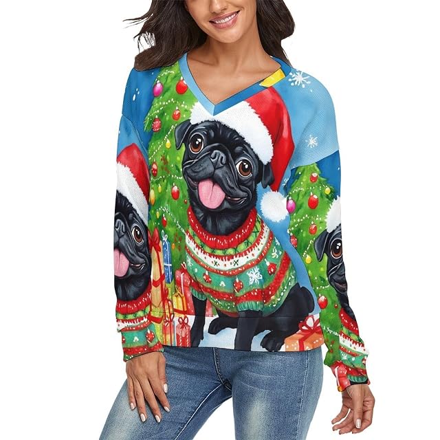 Merry Chrismas Dog Womens V Neck Sweater Border Collie Dog Wear A Red Hat Long Sleeve Top Sweater