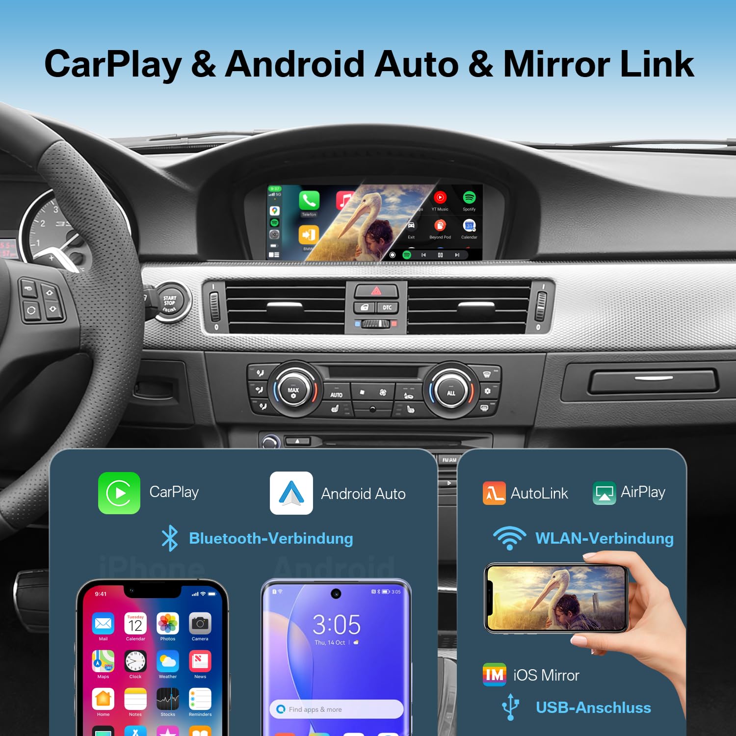 Linux Autoradio für BMW 3er 5er CCC System mit CarPlay & Android Auto | 8,8 Zoll, E90 E91 E92 E93 E60 E61 (2003-2008) Plug & Play, erhält Original iDrive, Lenkradsteuerung OEM Rückfahrkamera