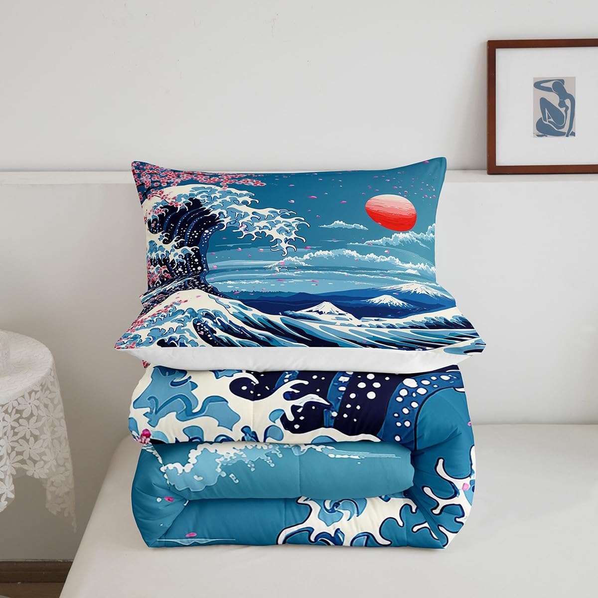 Castle Fairy Ukiyoe Ocean Queen Comforter Set,Japanese Style Cherry Blossom Down Alternative Comforter Adults Bedroom Decor,Blue Mountain with Sunrise Ultra Soft Microfiber Inner Fill 3Pcs Bedding