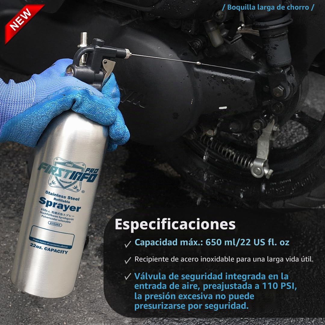 FIRSTINFO A1636K | Pulverizador recargable de acero inoxidable 650 ml para limpiador de frenos | Presión máxima 110 psi | Lata tipo aerosol reutilizable con 4 boquillas intercambiables