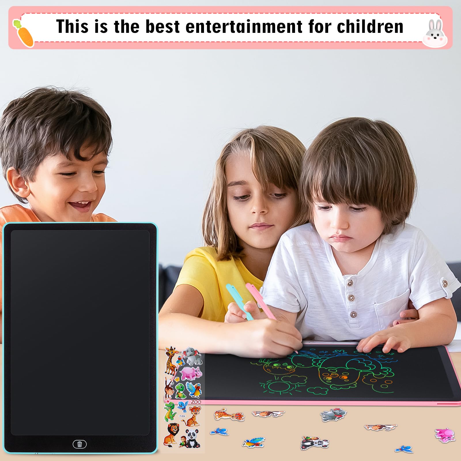 Tablette D'écriture LCD 16 Pouces Dessin Ecran Coloré Effaçable Autocollants Animaux Garçons Filles 3-6 Ans Bleu Rose