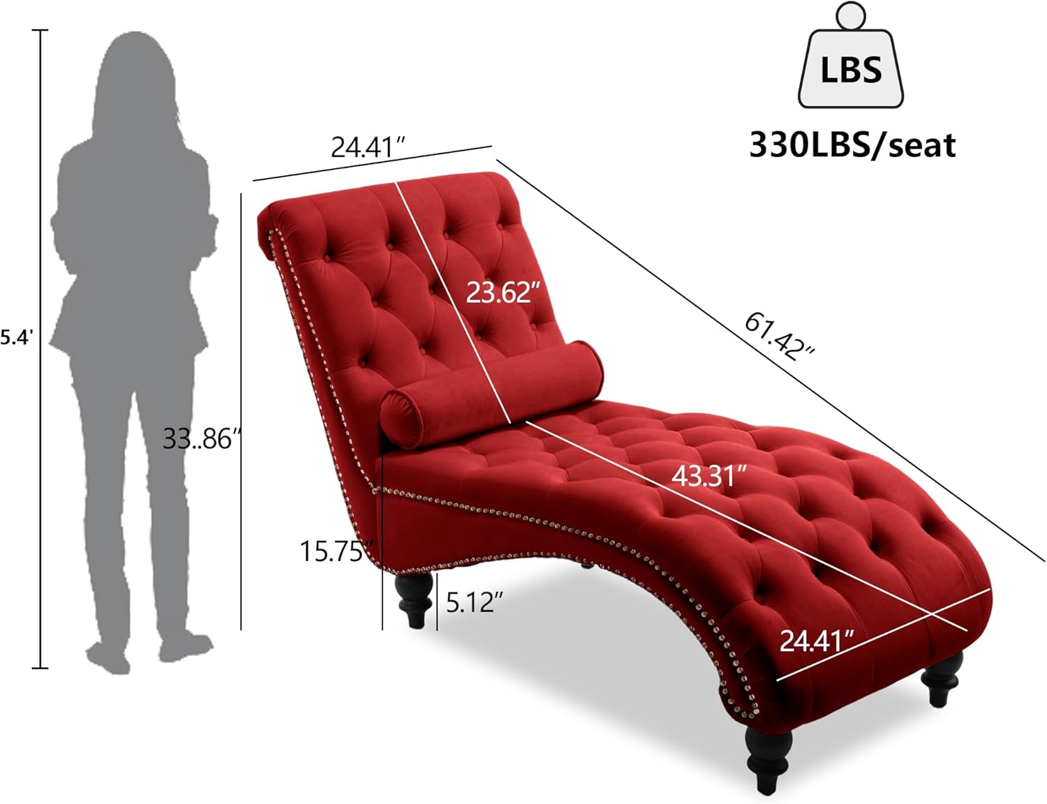 Chaise Lounge Chair Indoor, Velvet Upholstered Lounge Sofa with Bolster Pillow, Button Tufted Nailhead Trim Solid Wood Legs Armless Leisure Sofa Recliner for Bedroom (red)