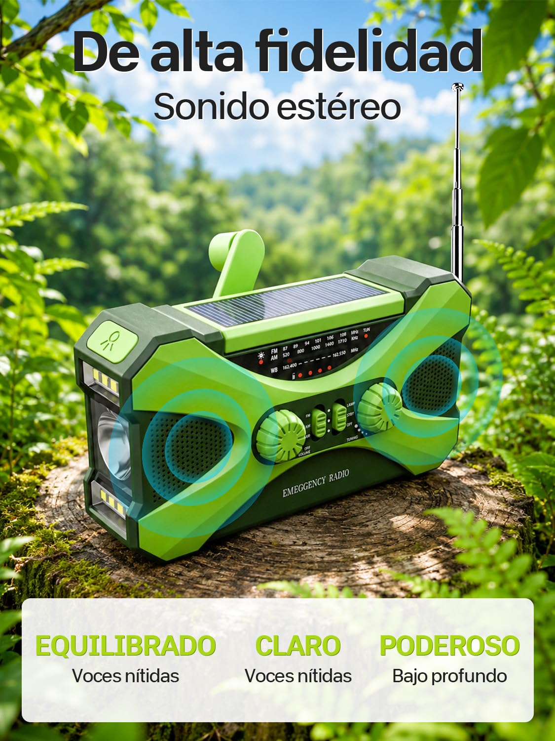 Radio Manivela Solar Emergencia, Emergencia Portátil, Manivela Solar Am/FM, Batería Power Bank 10000mAh, Radio de Supervivencia con Manivela, Linterna, Alarma SOS (Verde)