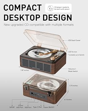 Retro CD Player with Speakers for Home, Bluetooth, FM Radio | Desktop CD Player with LCD Screen,USB Playback,Optical S/PDIF,AUX Output,High-Fidelity Stereo Speakers,Brown