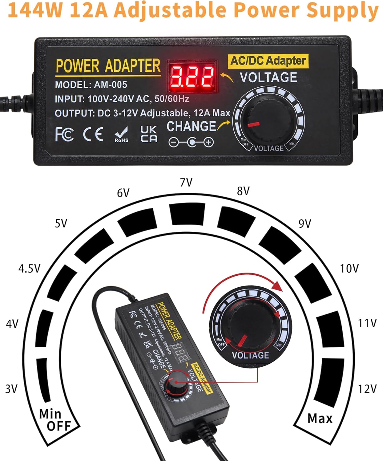 3~12V 12A 144W Adjustable Universal Power Supply Adapter, 3V 4V 5V 6V 7V 8V 9V 10V 11V 12V Variable DC Power Supply with Voltage Display 100V-240V 50-60Hz AC to DC Converter for LED Strip Light Router