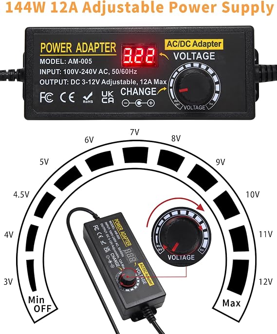 3~12V 12A 144W Adjustable Universal Power Supply Adapter, 3V 4V 5V 6V 7V 8V 9V 10V 11V 12V Variable DC Power Supply with Voltage Display 100V-240V 50-60Hz AC to DC Converter for LED Strip Light Router