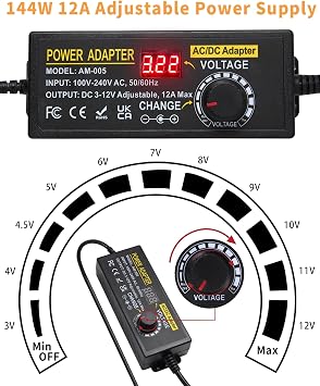 3~12V 12A 144W Adjustable Universal Power Supply Adapter, 3V 4V 5V 6V 7V 8V 9V 10V 11V 12V Variable DC Power Supply with Voltage Display 100V-240V 50-60Hz AC to DC Converter for LED Strip Light Router