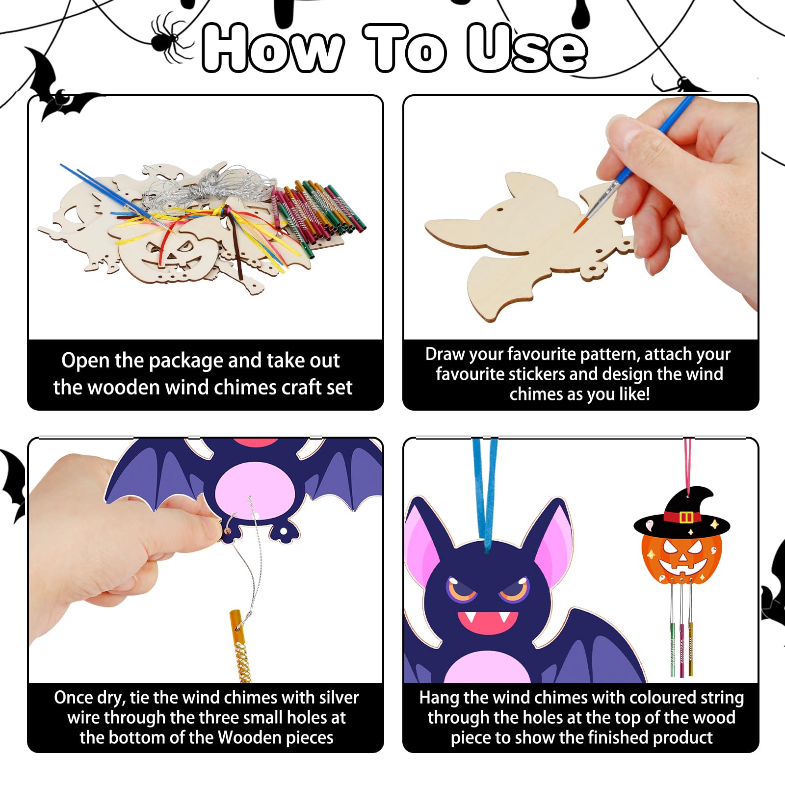 Matogle Halloween Kürbis-Windspiel-Set – 9 Holz-Deko-Bastelsets Für Kinder, Mit Malpinseln, Strasssteinen Und Schnüren
