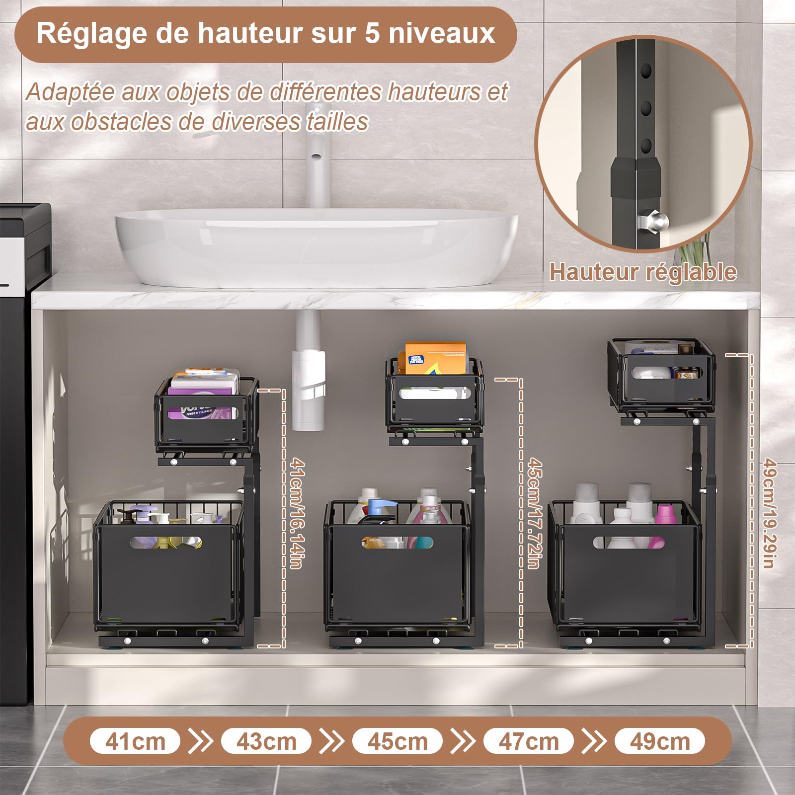 Vankarr 2 Niveaux Rangement Sous Évier,Organisateur Sous Evier Cuisine,Hauteur Réglable Rangement Sous Evier Cuisine,Coulissant Organisateur Sous Evier,pour Cuisines,Bureau, Bain (Noir,1 Pièce) - 4