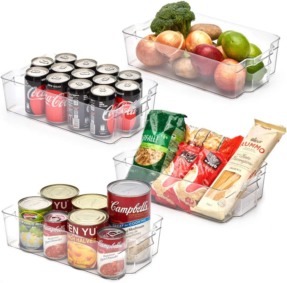 EZOWare Clear Stackable Refrigerator Bins, Fridge Storage Organizer Containers with Handles for Kitchen Pantry Organization, Bathroom Cabinet Storage - Pack of 4/14.6 x 8.5 x 3.9 inch