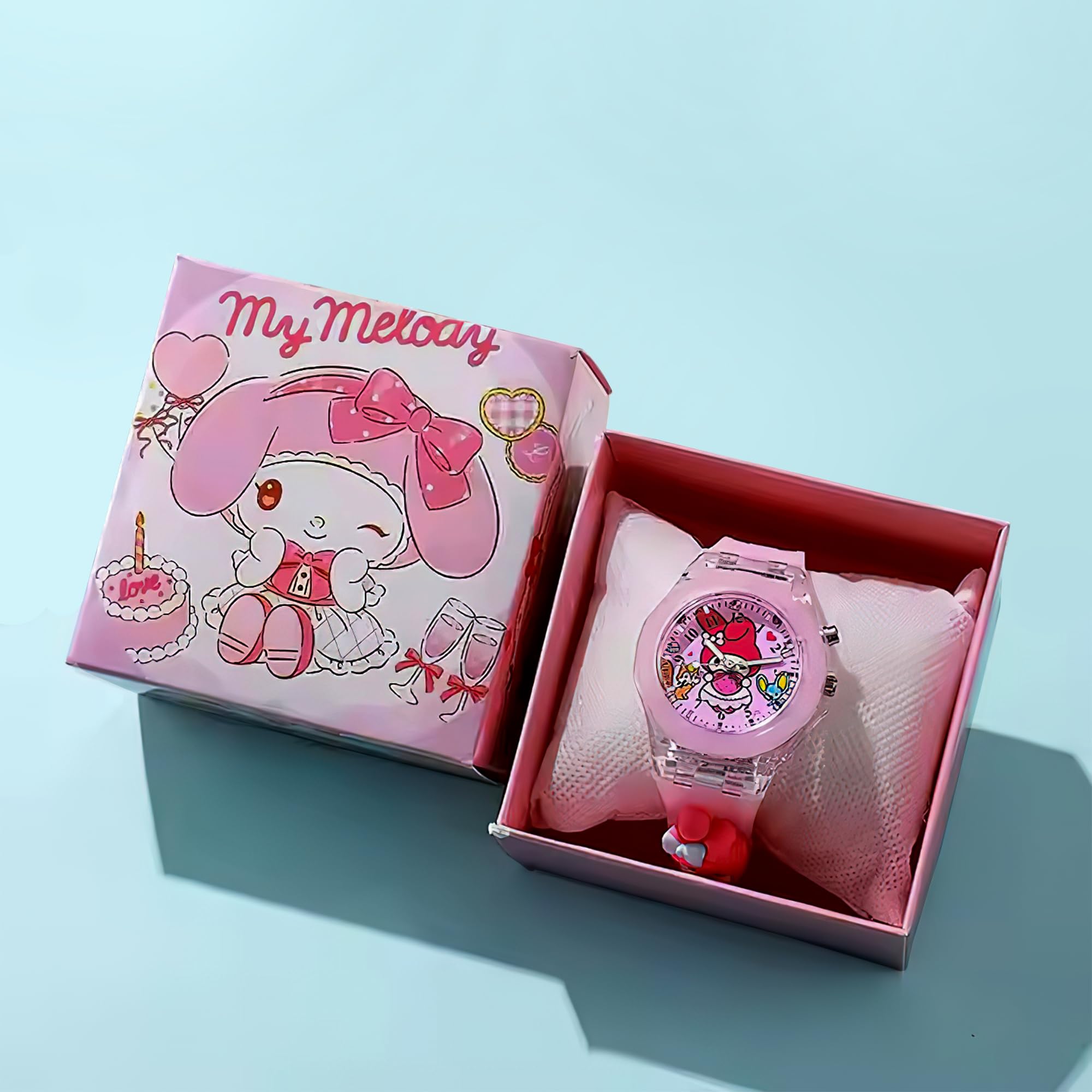 Montre à quartz analogique pour fille - Bracelet en silicone coloré - Cadeau pour filles de 3 à 10 ans - Scintillante - 3D - Lumière LED clignotante - My Melody - Rose - Emballée dans une
