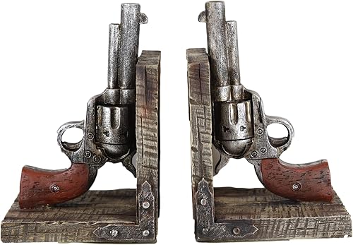 Ebros Gift Juego de figuras decorativas rústicas del oeste salvaje oeste, doble revólveres, seis pistolas de tirador, sujetalibros decorativos,