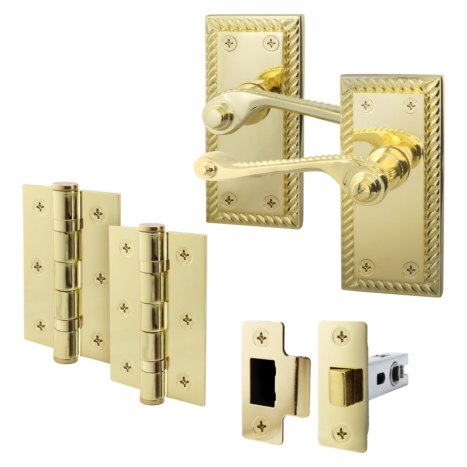 Eai Polished Brass Georgian Scroll Door Handle Latch Set - 1 Pair Internal Handles, Hinges (76Mm) & Latch (64Mm) - Rope Design