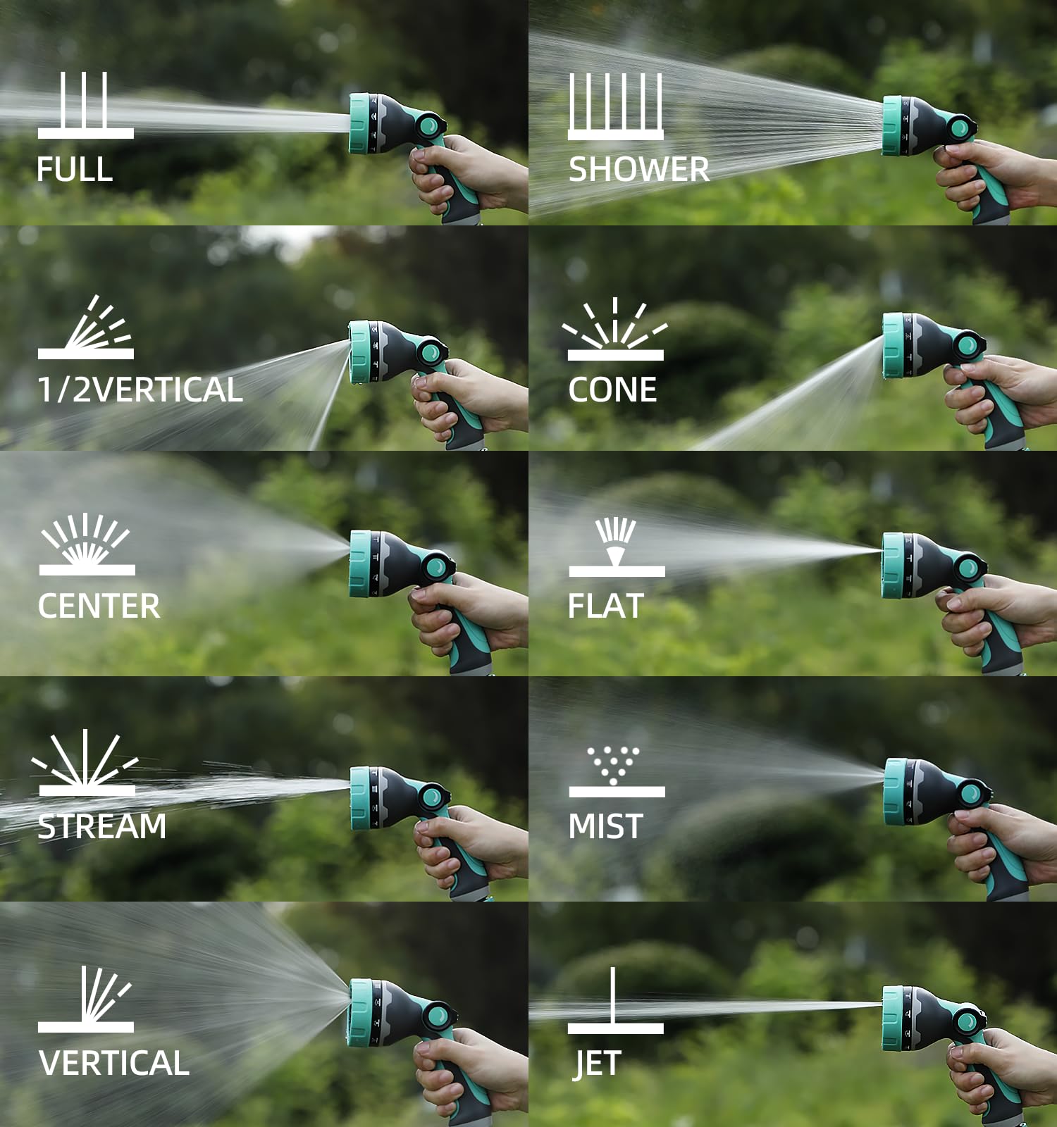 Buse de tuyau d'arrosage robuste, 10 modes de pulvérisation, avec commande au pouce, vanne marche/arrêt, prise en main confortable, idéal pour l'arrosage en extérieur, le jardin, le nettoyage,