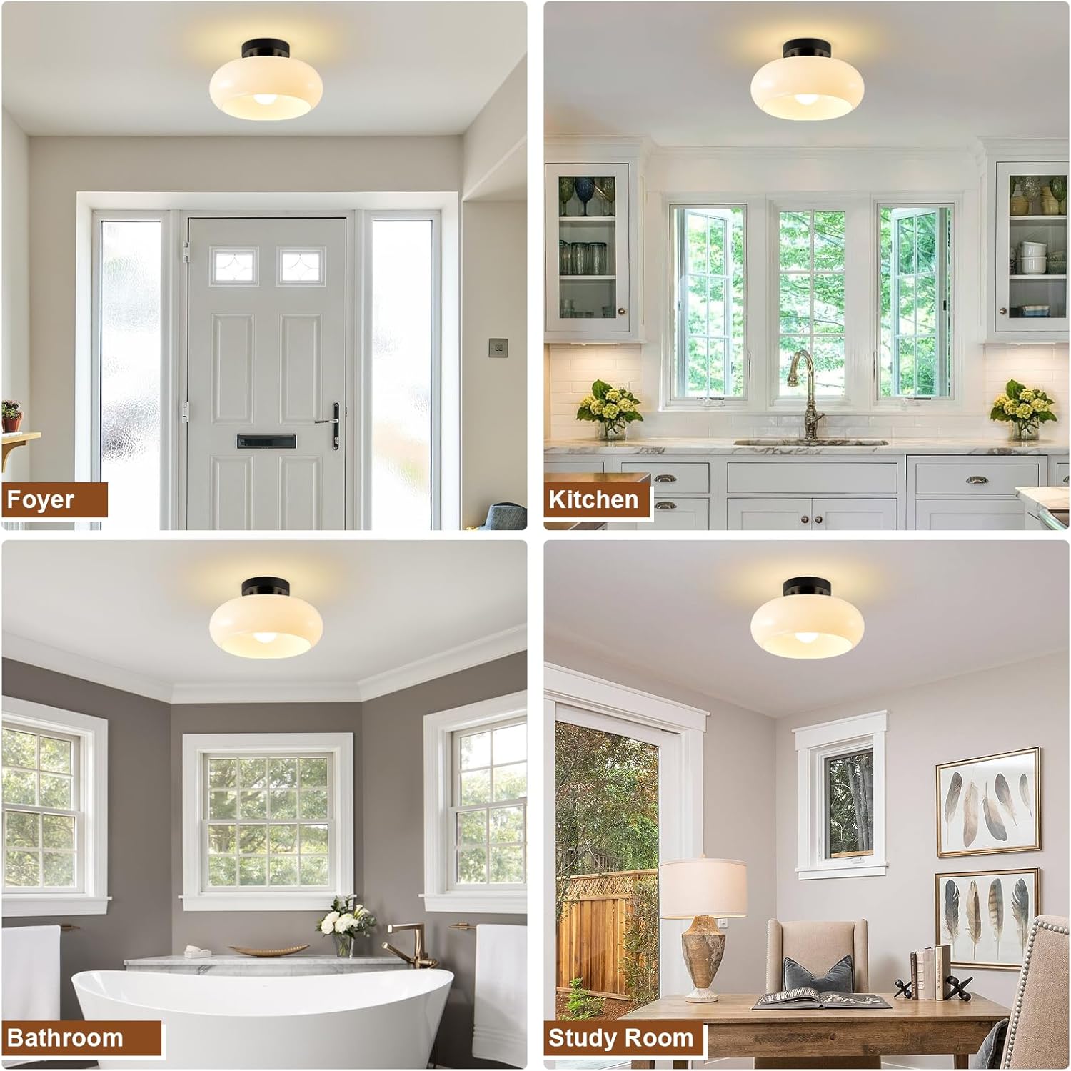 WOKNOS Mid-Century Modern Semi Flush Mount Ceiling Light, Metal Kitchen Light Fixture with Glass Shade,Vintage White and Black Colse to Ceiling Lamp for Entryway Hallway Bathroom (11.0 Inch)