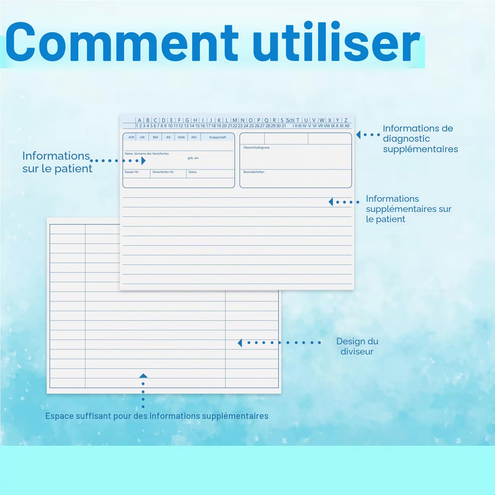 Lot de 100 cartes pliées pour patients - Format A5 - Pour médecin, thérapie, hôpital, physiothérapie, gymnastique, bleu